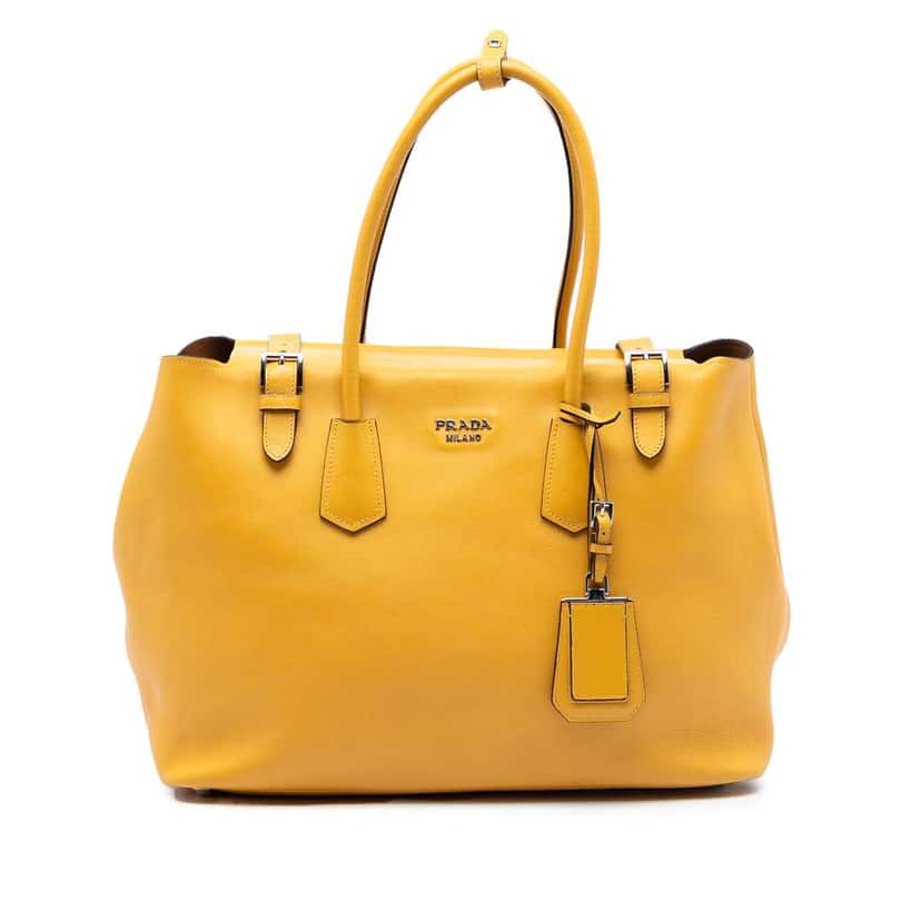 Prada City Calf Leather Buckle Tote Yellow Leather Very good condition - Front View
