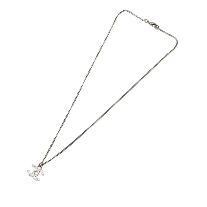 Chanel CC Silver Plated Rhinestone Pendant Necklace Silver Metal Very good condition - Front View