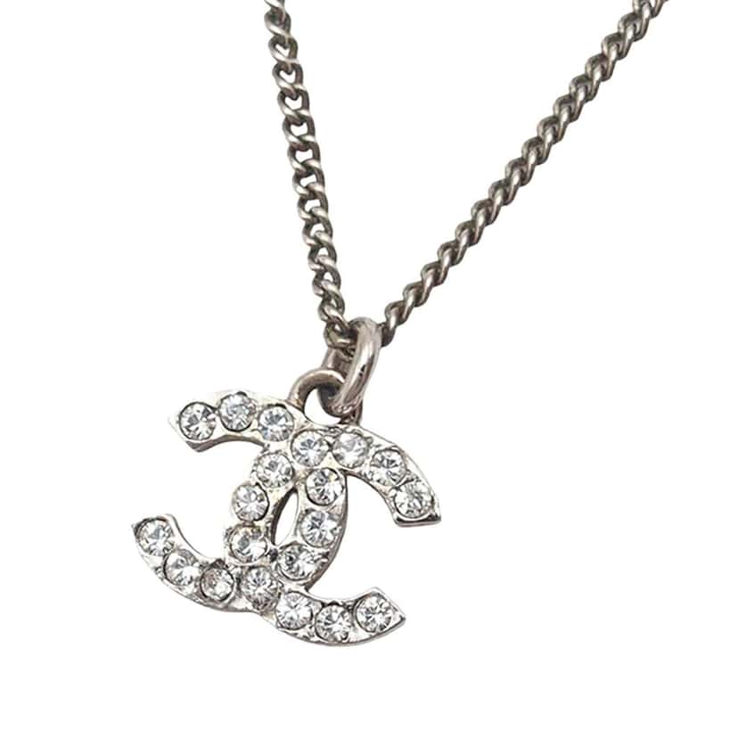 Chanel CC Silver Plated Rhinestone Pendant Necklace Silver Metal Very good condition - Back View