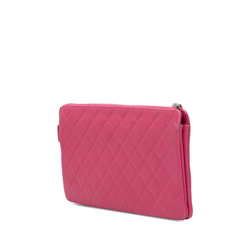 Chanel Quilted Caviar CC Enamel Double Zip Clutch Pink Leather Very good condition - Back View