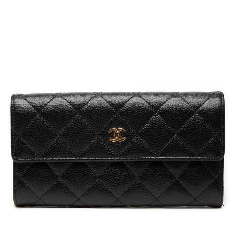 Chanel CC Quilted Caviar Flap Long Wallet Black Leather Very good condition - Front View