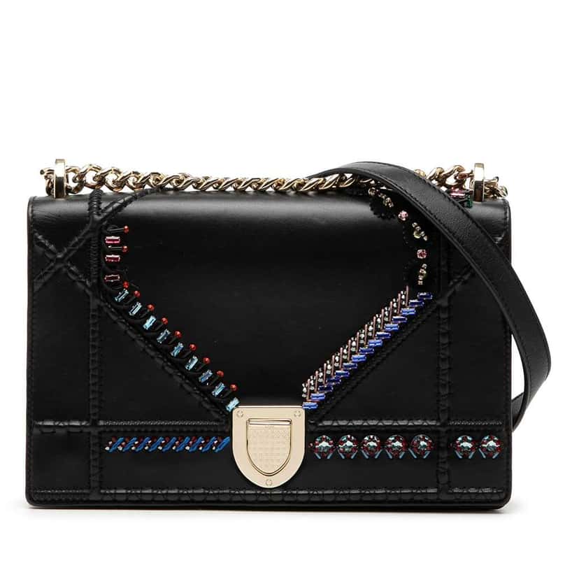 Dior Medium Calfskin Crystal Embroidered Diorama Flap Black Leather Good condition - Front View