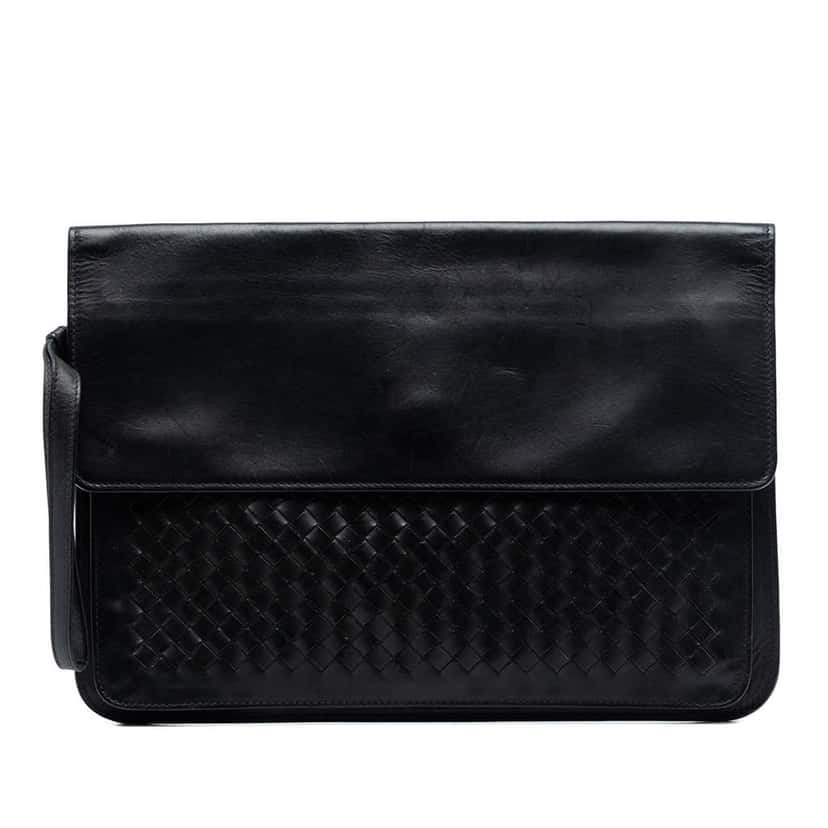 Bottega Veneta Leather Intrecciato Clutch Black Leather Very good condition - Front View