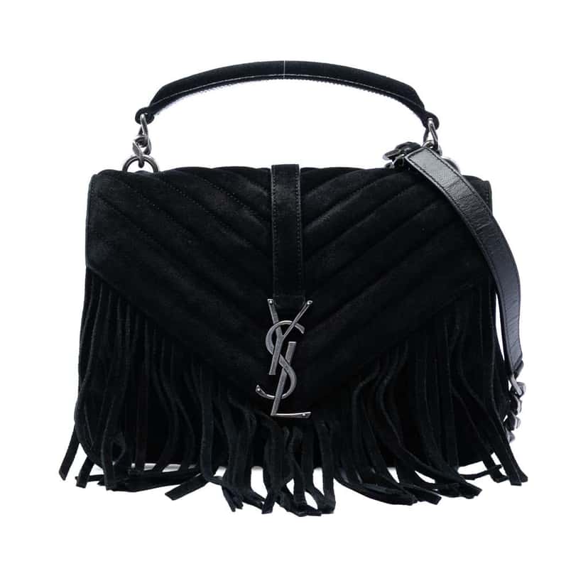 Saint Laurent Medium Chevron Suede Monogram Fringe College Satchel Black Leather Very good condition - Front View