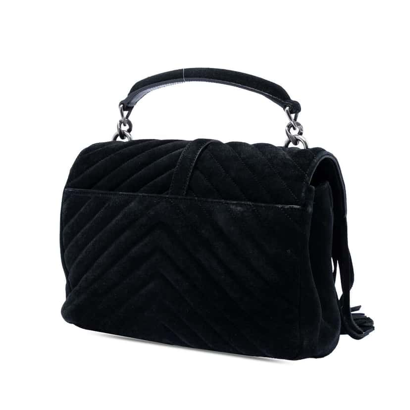 Saint Laurent Medium Chevron Suede Monogram Fringe College Satchel Black Leather Very good condition - Back View