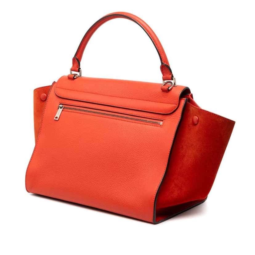Celine Medium Drummed Calfskin and Suede Trapeze Satchel Orange Leather Very good condition - Back View