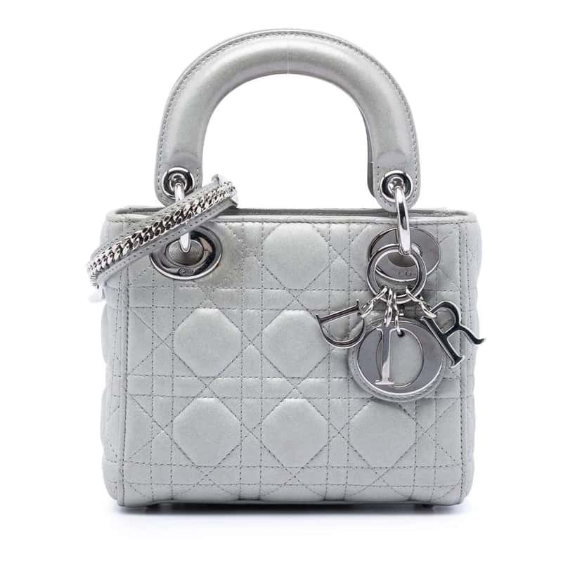 Dior Mini Iridescent Lambskin Cannage Lady Dior Silver Leather Very good condition - Front View