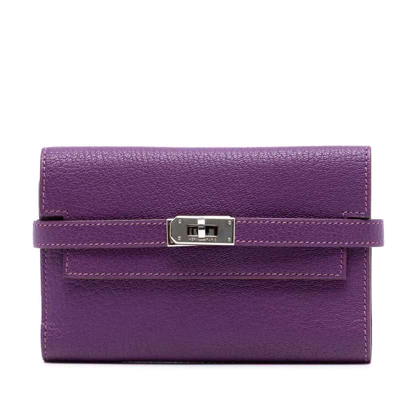 Hermès Medium Chevre Mysore Kelly Wallet Purple Leather Very good condition - Front View
