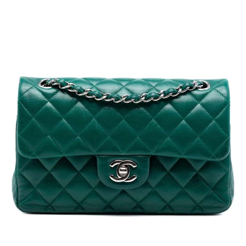 Chanel Small Classic Lambskin Double Flap Green Leather Very good condition - Front View