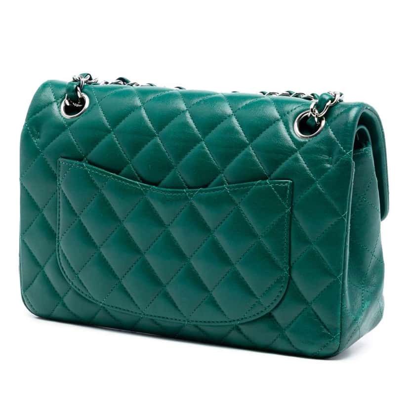 Chanel Small Classic Lambskin Double Flap Green Leather Very good condition - Back View