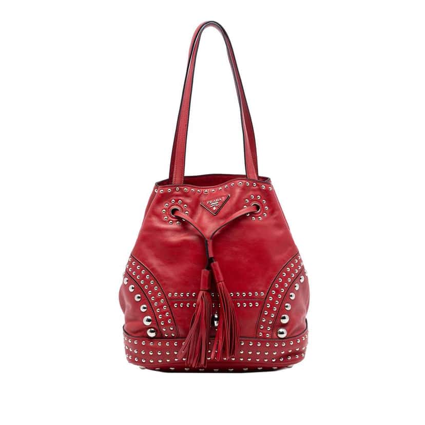 Prada Large Studded Leather Bucket Bag Red Leather Very good condition - Front View
