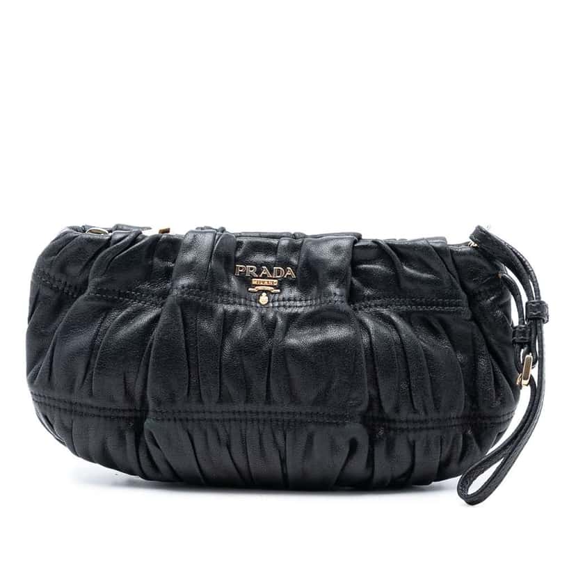 Prada Nappa Gaufre Wristlet Clutch Black Leather Very good condition - Front View