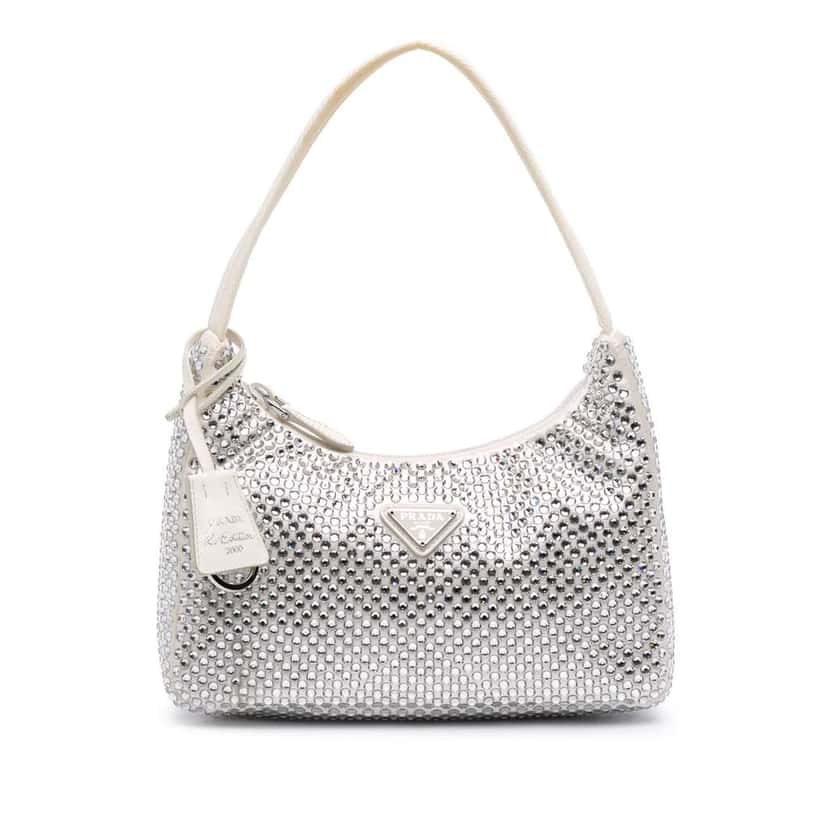 Prada Mini Satin Crystal Re-Edition 2000 Shoulder Bag White Satin Good condition - Front View