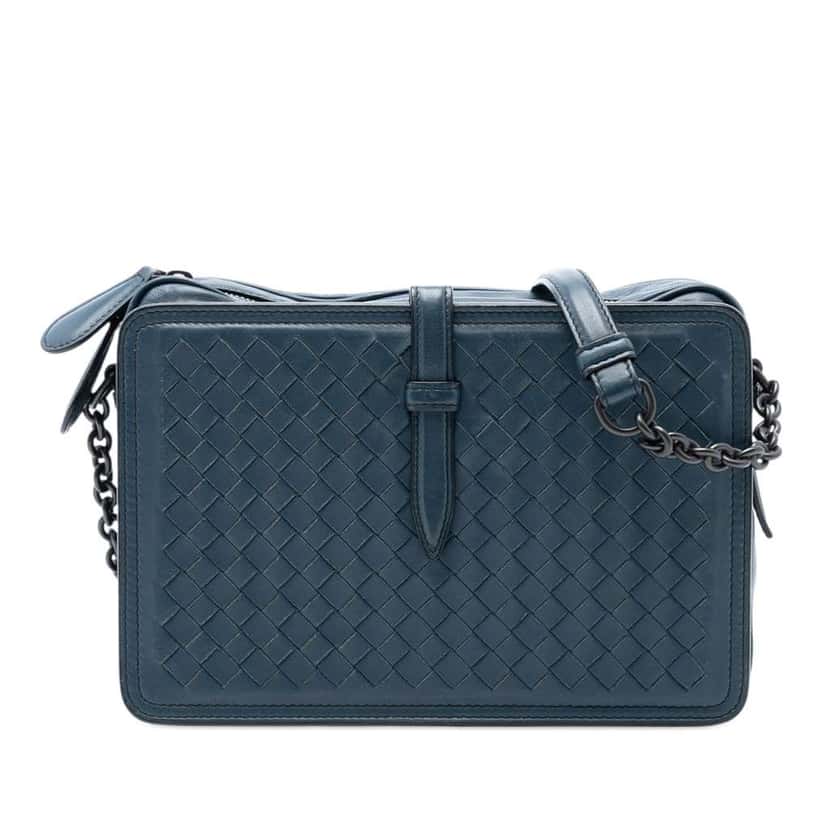 Bottega Veneta Nappa Intrecciato Belt Flap Camera Bag Blue Leather Good condition - Front View