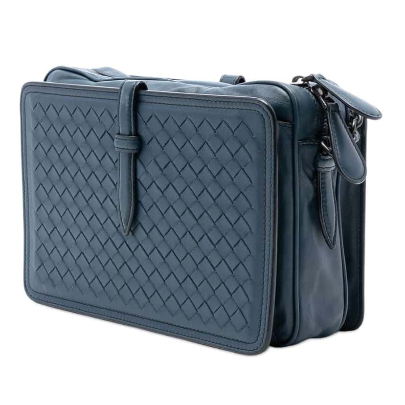 Bottega Veneta Nappa Intrecciato Belt Flap Camera Bag Blue Leather Good condition - Back View