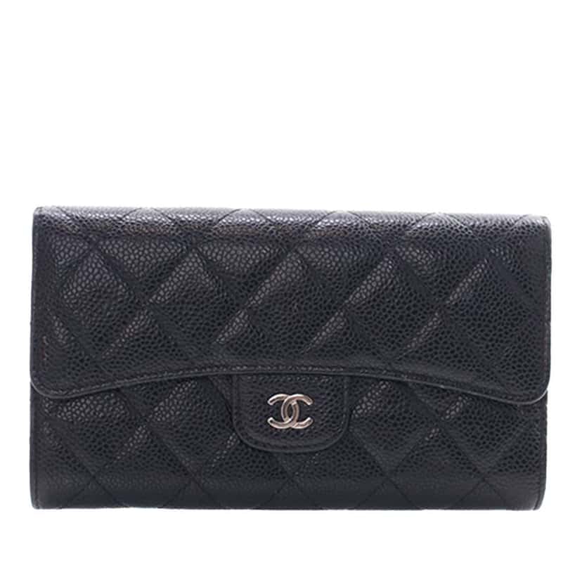 Chanel CC Caviar Classic Long Flap Wallet Black Leather Good condition - Front View