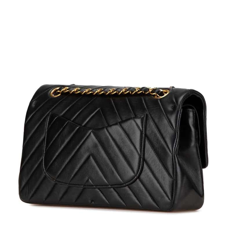 Chanel Small Classic Chevron Lambskin Double Flap Black Leather Good condition - Back View