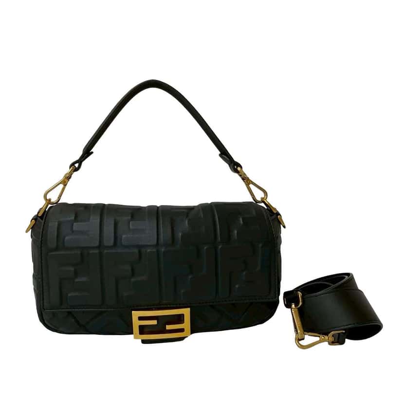Fendi Zucca Embossed Leather Baguette Satchel Black Leather Good condition - Front View
