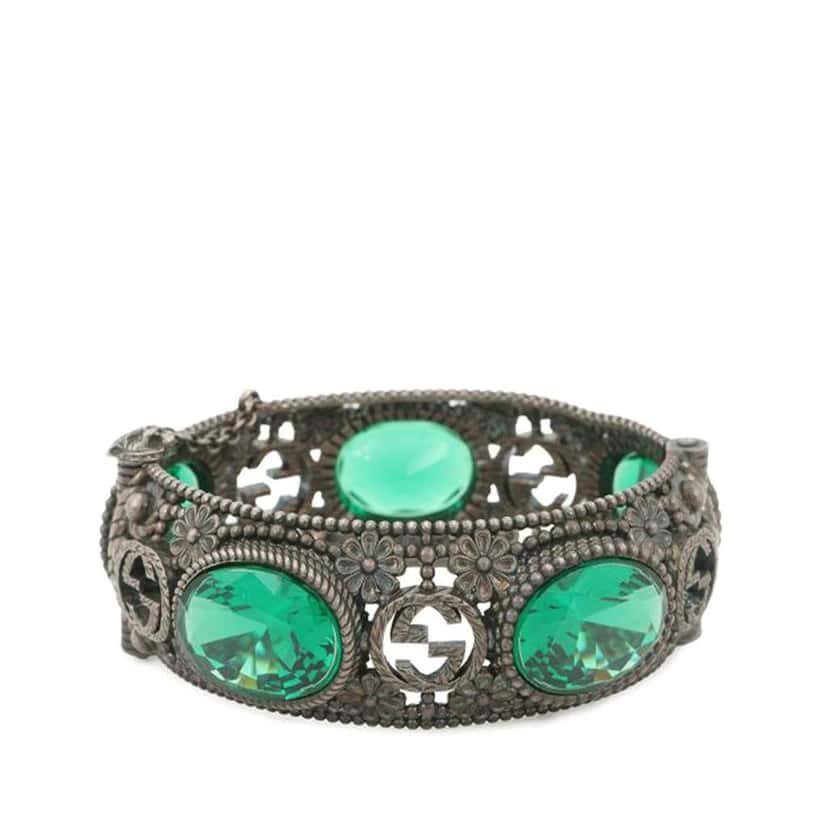 Gucci Sterling Silver and Stone Interlocking G Flower Hinged Bangle Silver Silver Good condition - Front View