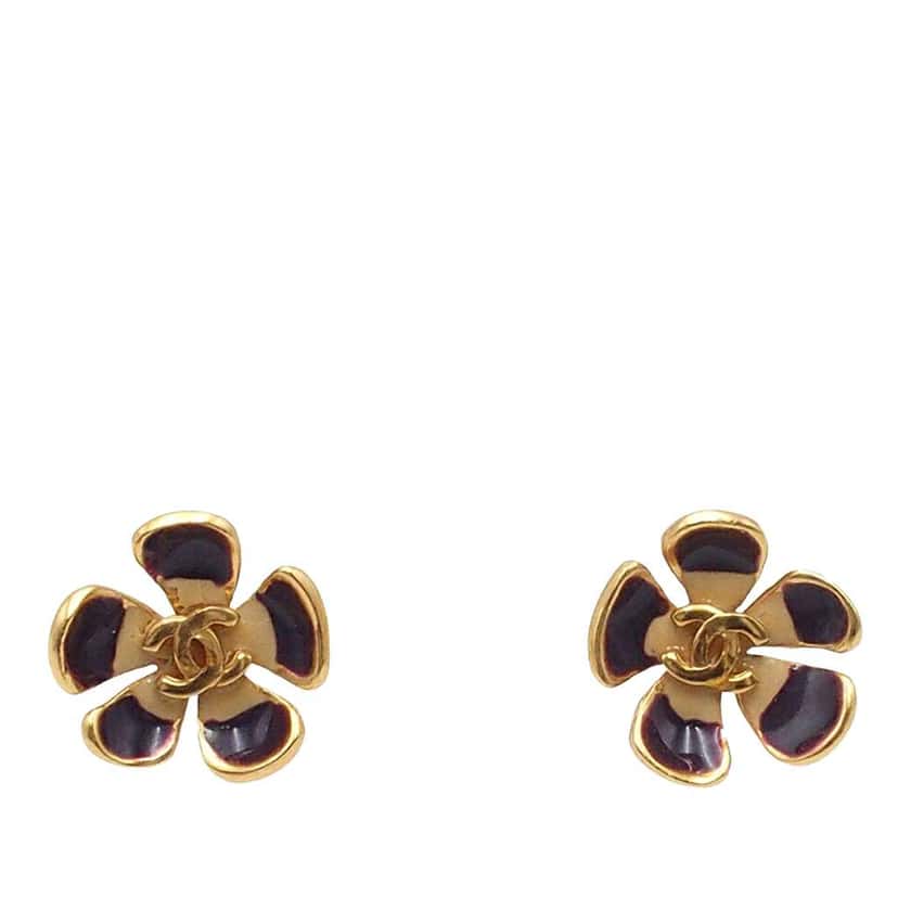 Chanel CC Gold Plated Lacquered Flower Earrings Gold Metal Good condition - Front View