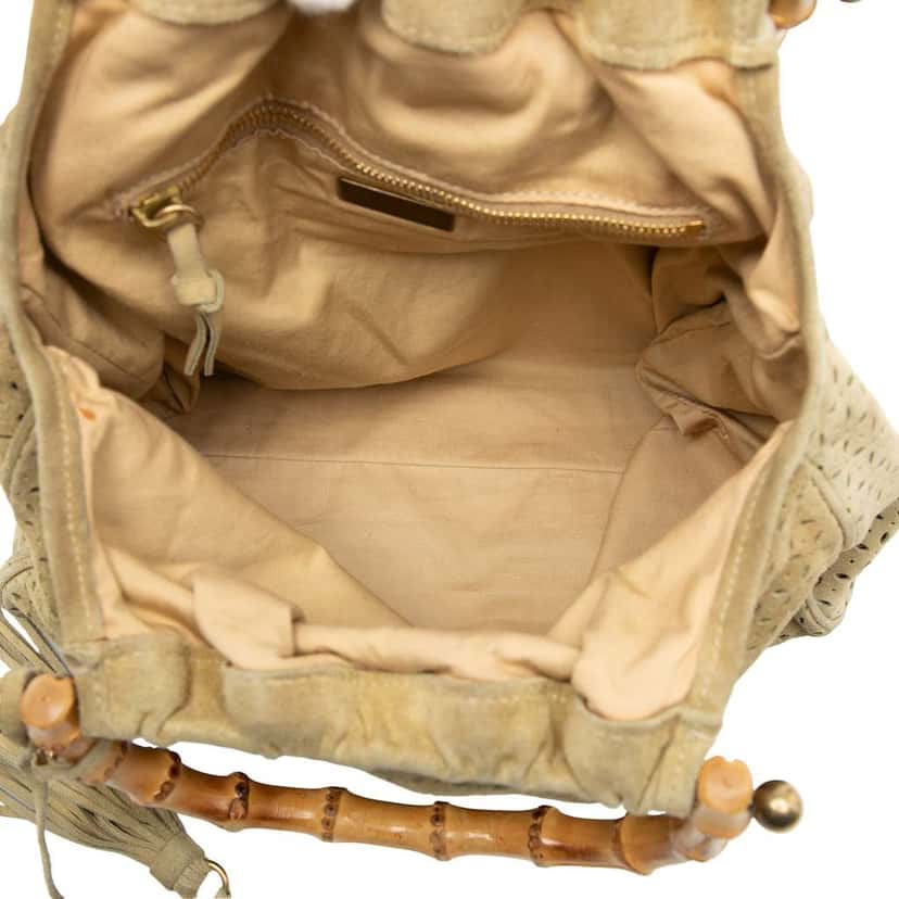 Miu Miu Laser Cut Suede Bamboo Top Handle Bag Brown Leather Good condition - Model View