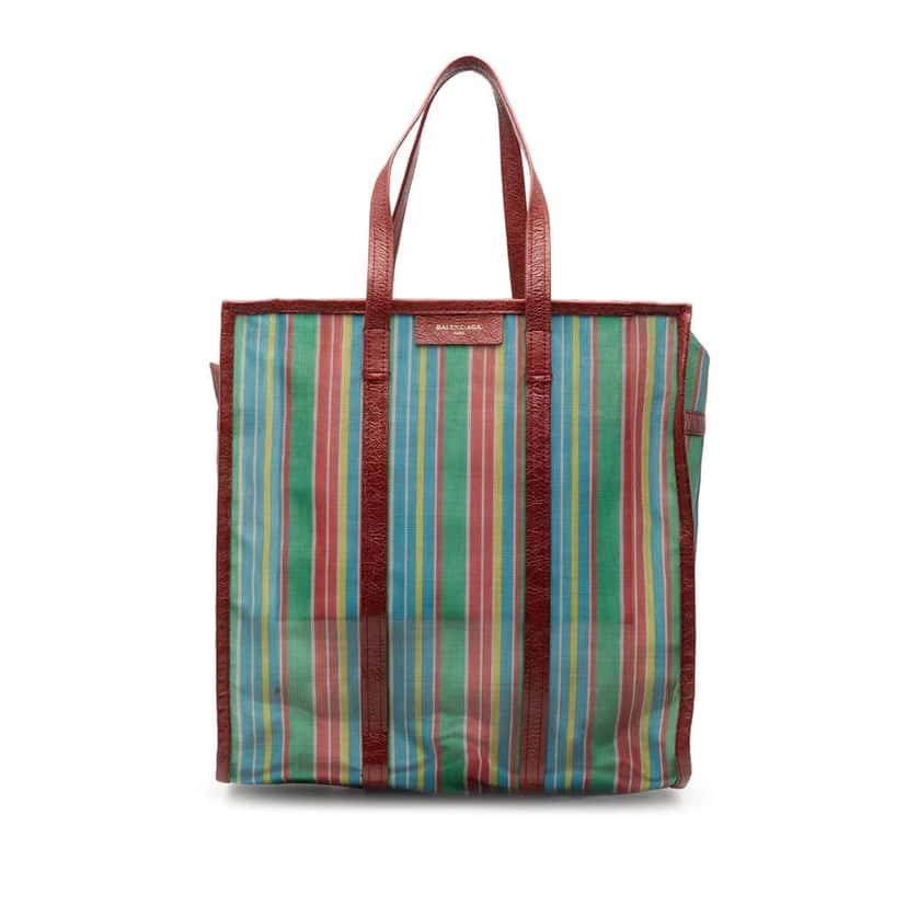 Balenciaga M Striped Mesh Bazar Shopper Satchel Green Polyester Good condition - Front View