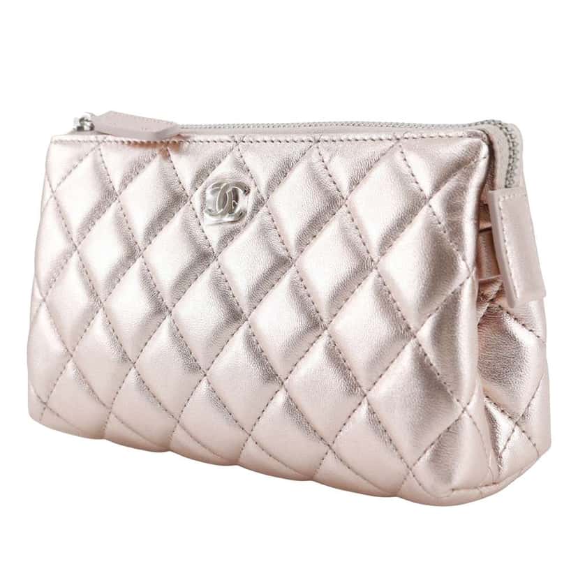 Chanel Metallic Quilted Lambskin Cosmetic Pouch Pink Leather Very good condition - Back View