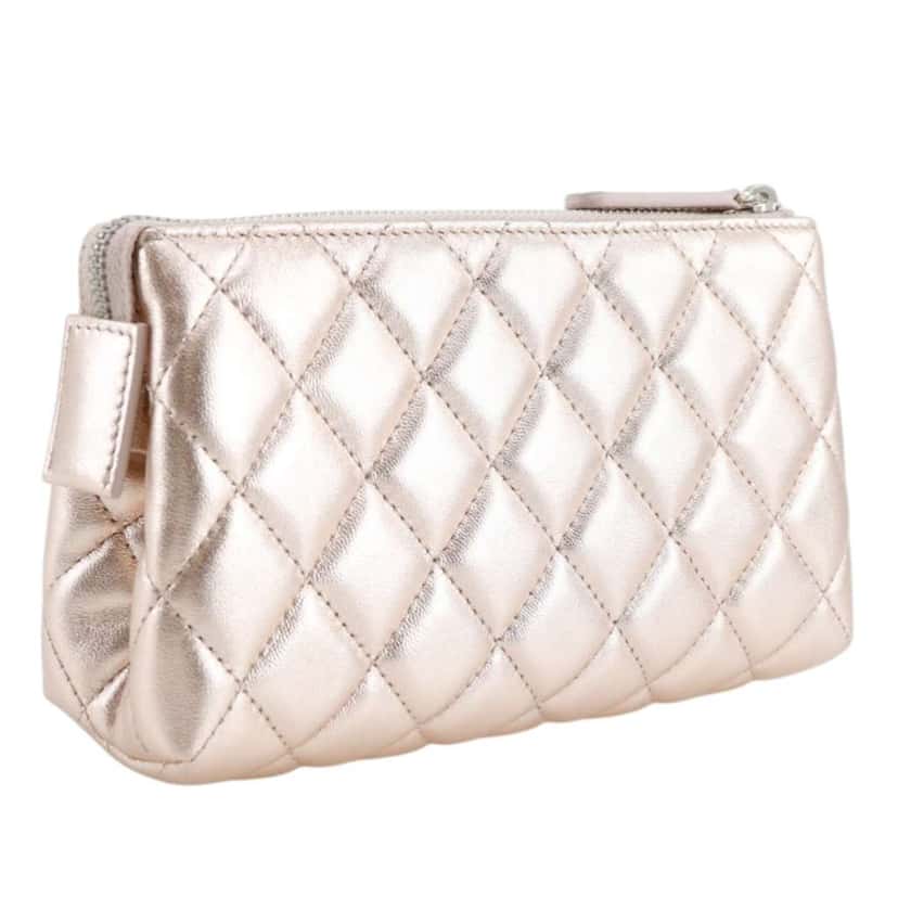 Chanel Metallic Quilted Lambskin Cosmetic Pouch Pink Leather Very good condition - Inside View