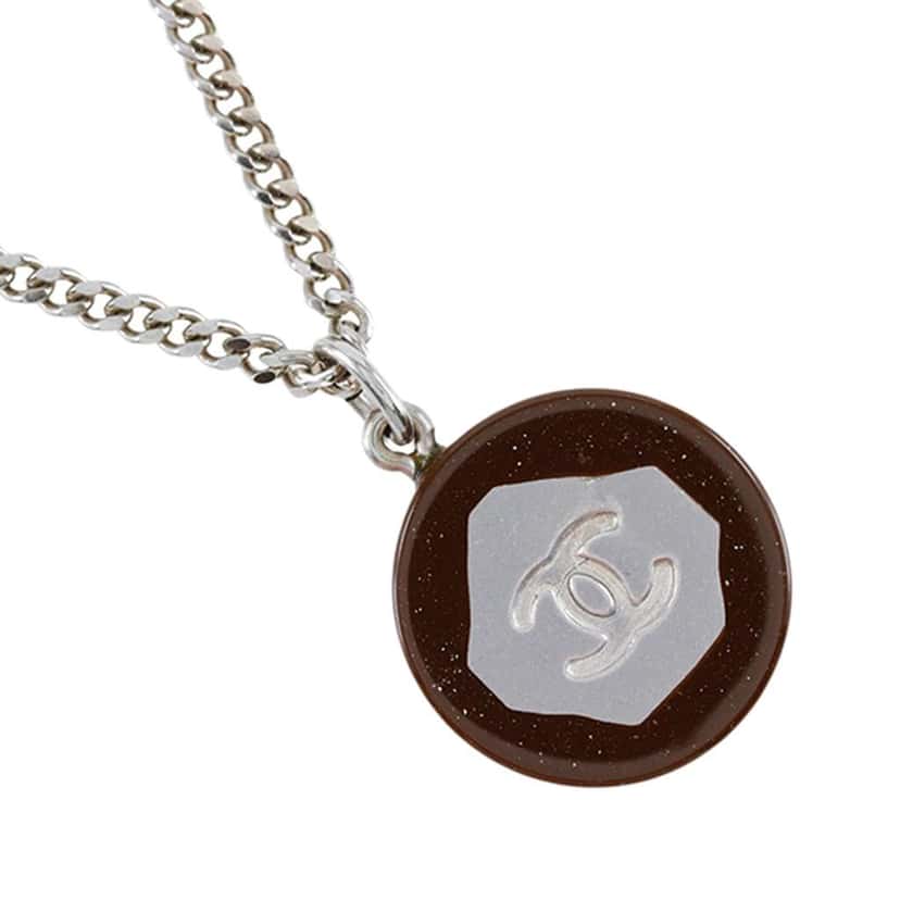 Chanel Silver Plated Brass and Acrylic CC Pendant Necklace Silver Metal Very good condition - Front View