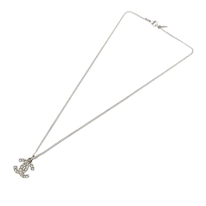 Chanel Silver Plated CC Rhinestone Pendant Necklace Silver Metal Very good condition - Front View