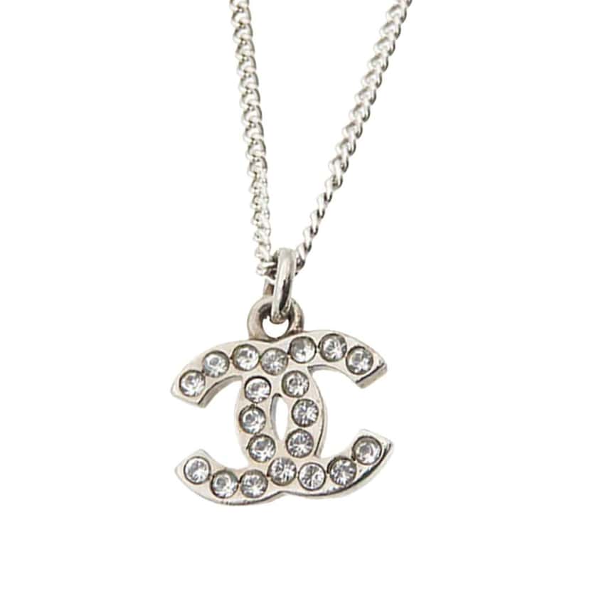 Chanel Silver Plated CC Rhinestone Pendant Necklace Silver Metal Very good condition - Back View