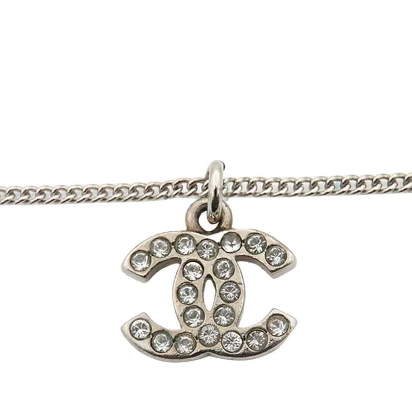 Chanel Silver Plated CC Rhinestone Pendant Necklace Silver Metal Very good condition - Inside View