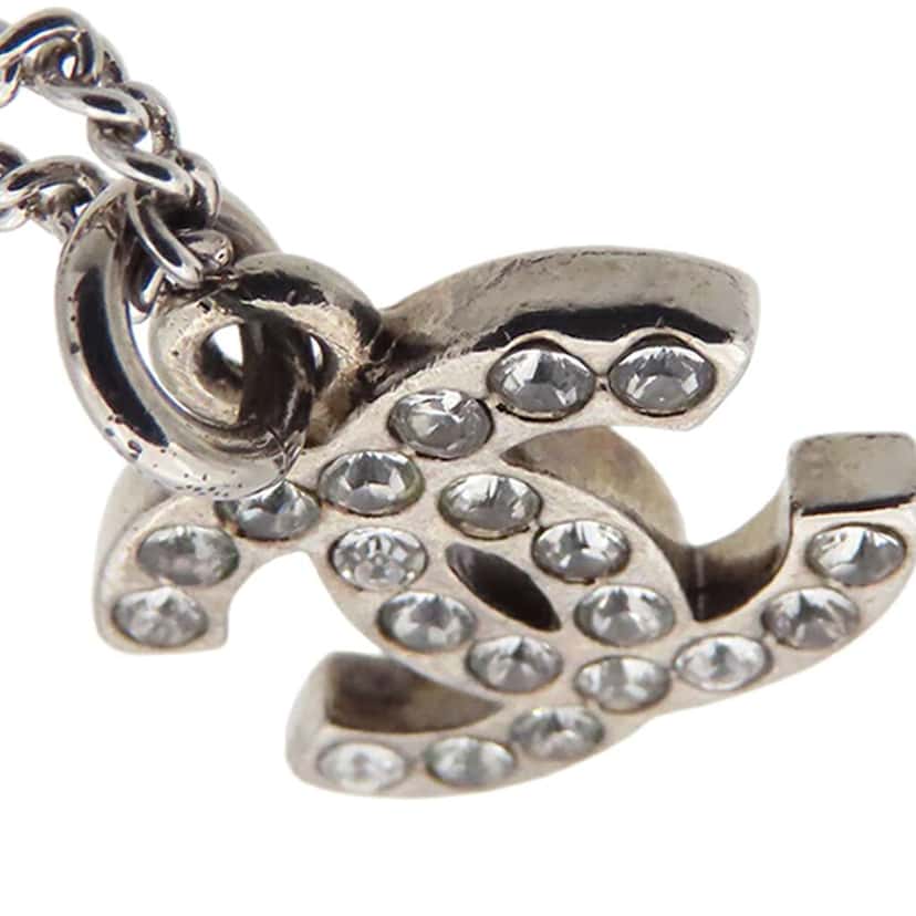 Chanel Silver Plated CC Rhinestone Pendant Necklace Silver Metal Very good condition - Box View