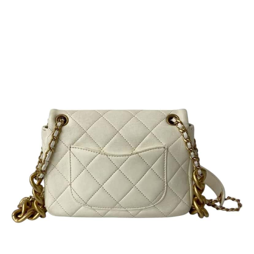 Chanel Mini Quilted Shiny Lambskin Dual Chain Flap White Leather Very good condition - Back View