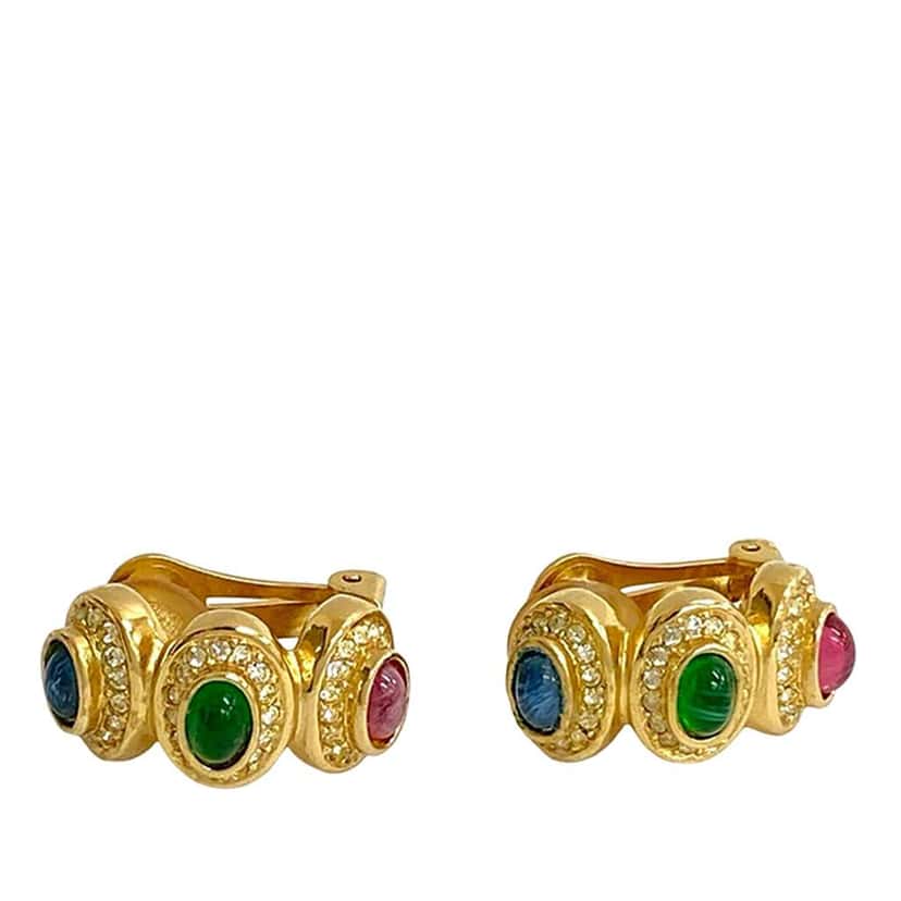 Dior Gold Plated Gripoix and Rhinestone Cuff Clip On Earrings Gold Metal Very good condition - Back View