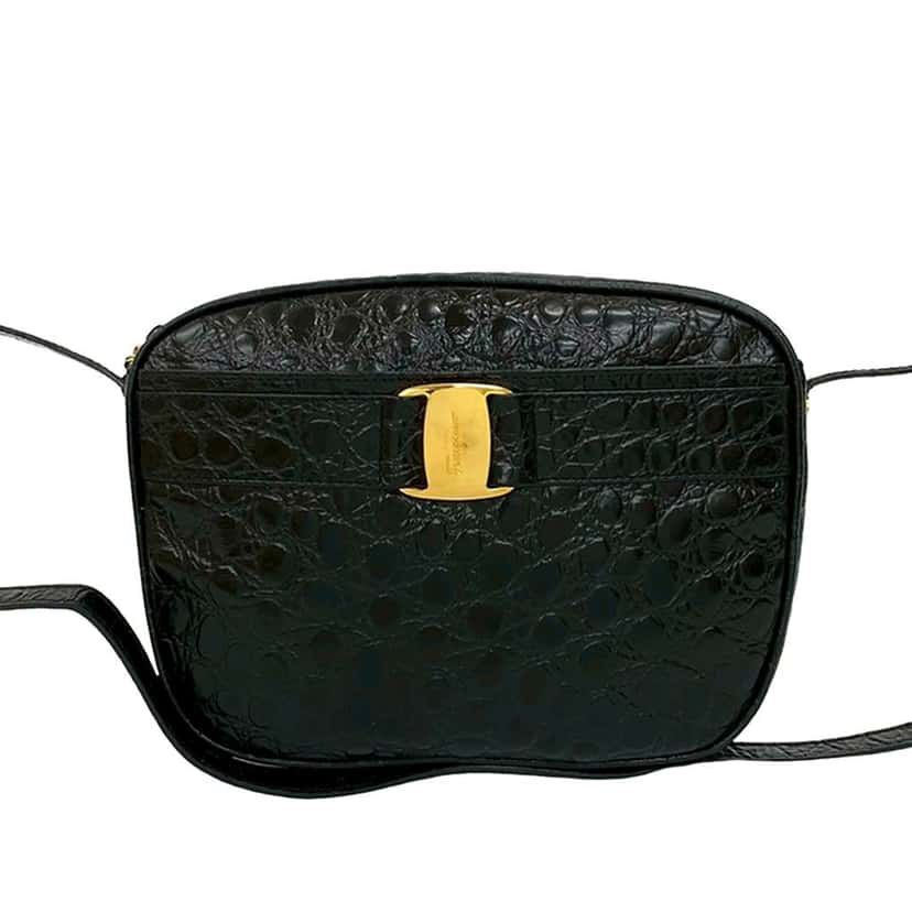 Salvatore Ferragamo Croc Embossed Leather Vara Crossbody Black Leather Very good condition - Front View