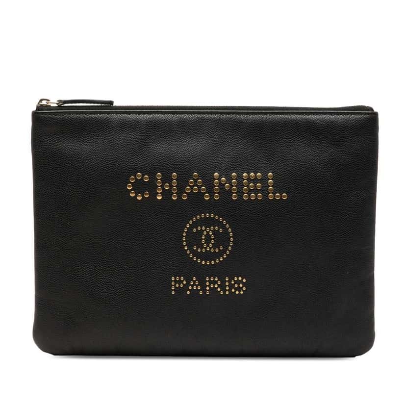 Chanel Medium Caviar Deauville Studded O Case Clutch Black Leather Very good condition - Front View