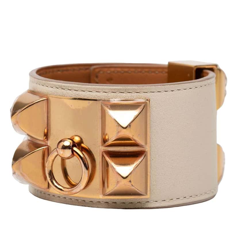 Hermès Swift and Gold Plated Collier de Chien Bracelet Beige Leather Good condition - Back View