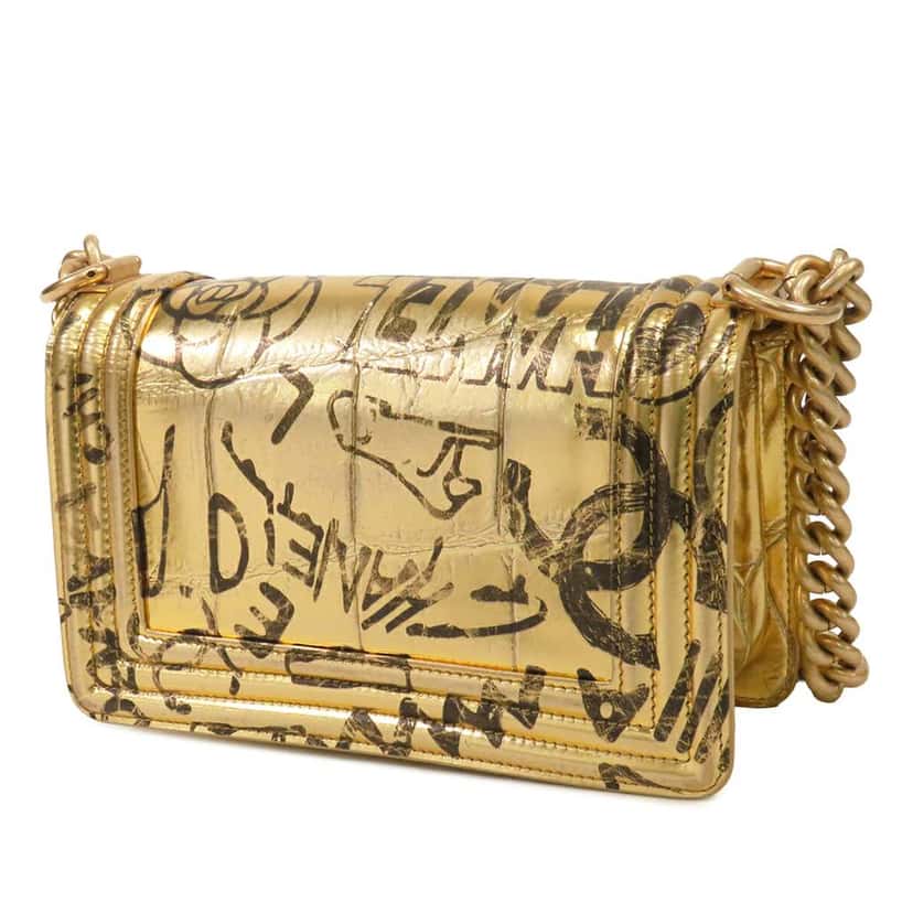 Chanel Small Croc Embossed Leather Graffiti Cocodile Boy Flap Gold Leather Very good condition - Back View