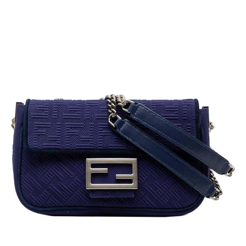 Fendi Zucca Embossed Technical Fabric Chain Midi Baguette Blue Very good condition - Front View