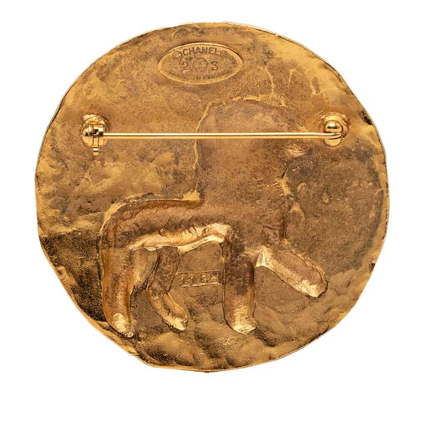 Chanel CC Gold Plated Round Lion Brooch Gold Metal Very good condition - Back View