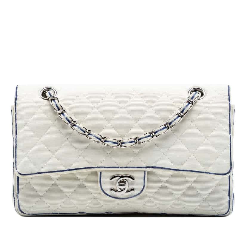 Chanel Medium Classic Printed Grosgrain Double Flap White Very good condition - Front View