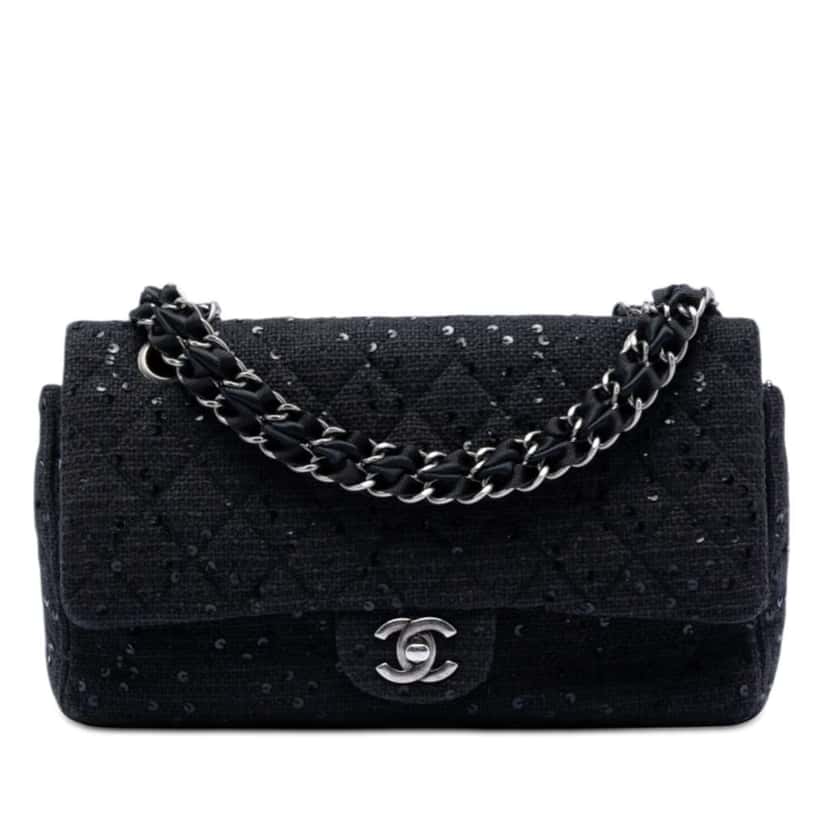 Chanel Medium Classic Tweed Sequin Double Flap Black Tweed Very good condition - Front View