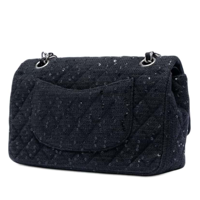 Chanel Medium Classic Tweed Sequin Double Flap Black Tweed Very good condition - Back View