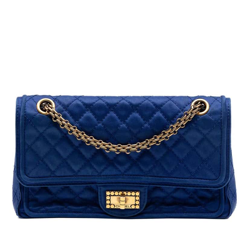 Chanel Quilted Satin Reissue 2.55 Double Flap 225 Blue Satin Very good condition - Front View