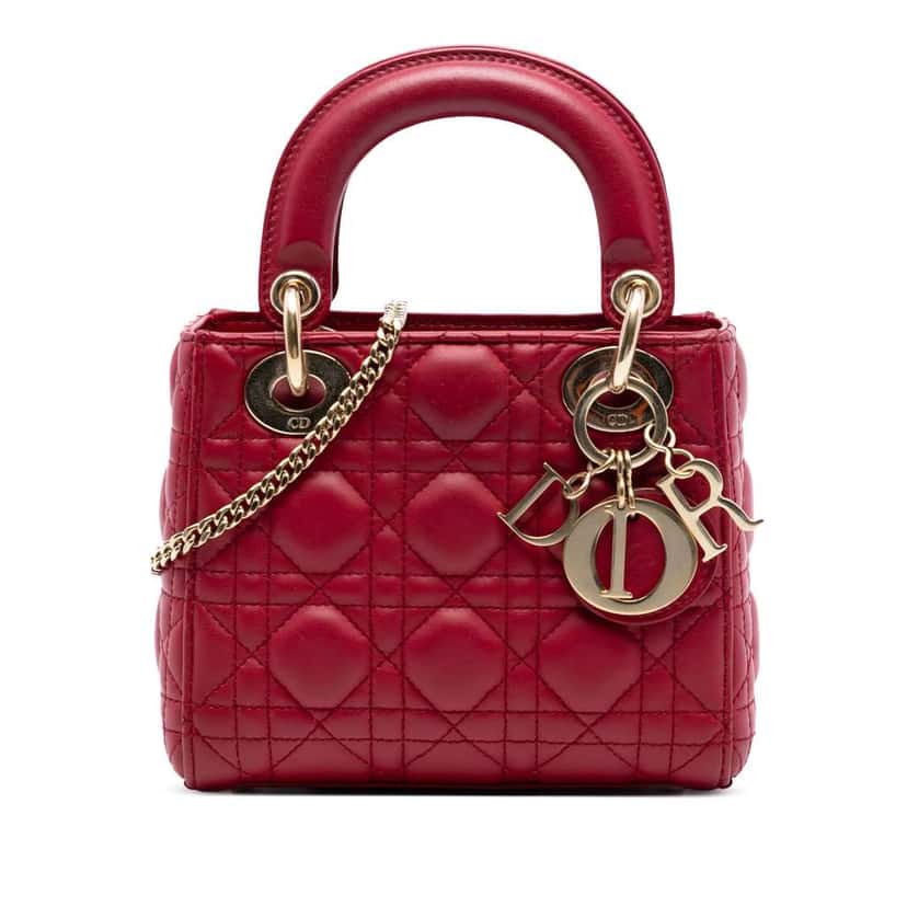 Dior Mini Lambskin Cannage Lady Dior Red Leather Very good condition - Front View