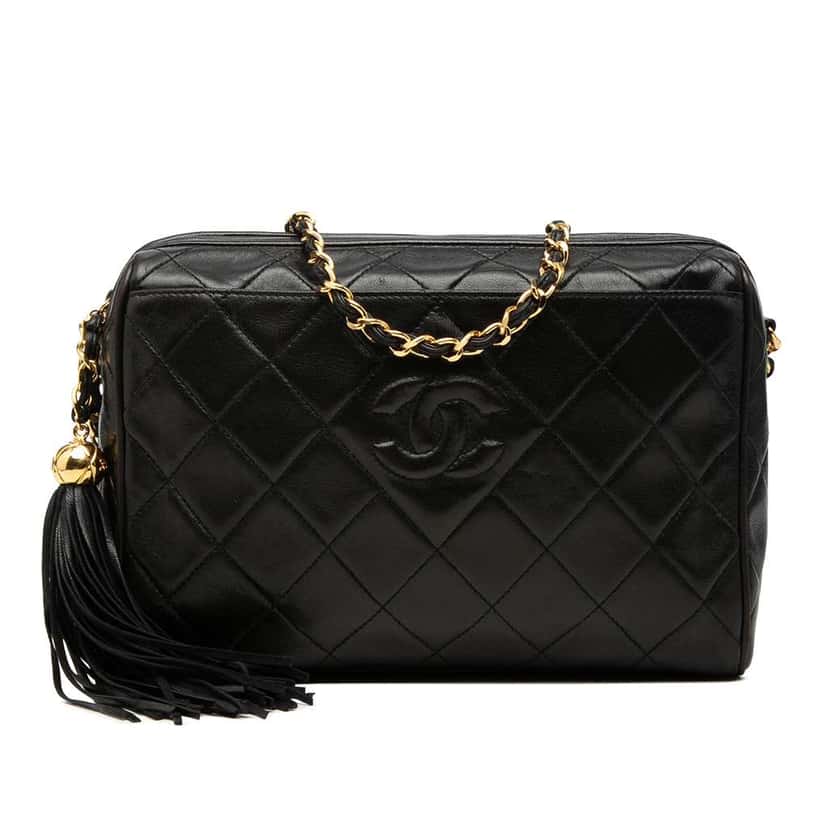 Chanel CC Diamond Quilted Lambskin Tassel Camera Bag Black Leather Very good condition - Front View