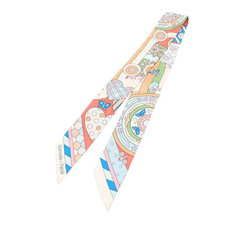 Hermès Les Murmures De La Foret Silk Twilly Scarf White Silk Good condition - Back View