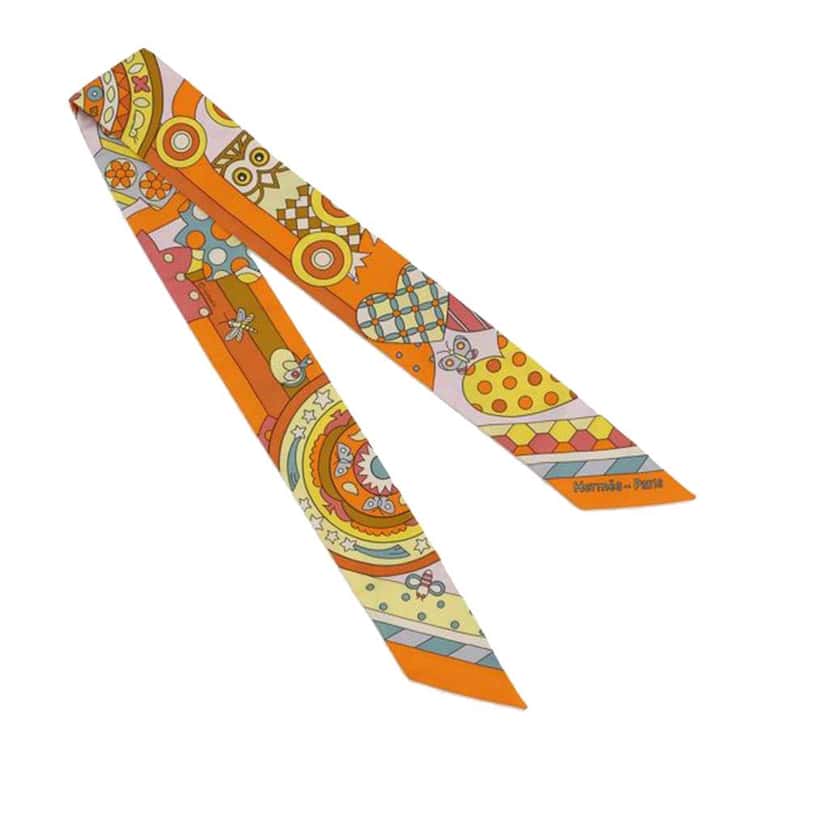 Hermès Les Murmures De La Foret Twilly Silk Scarf Orange Silk Good condition - Back View