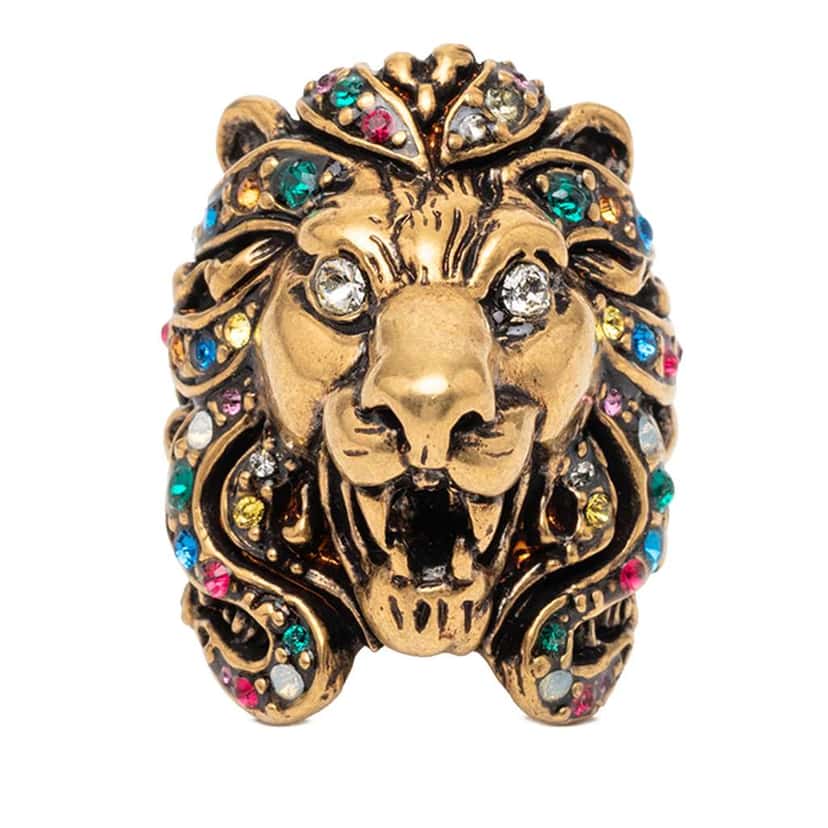 Gucci Gold Plated Crystal Lion Head Ring Gold Metal Good condition - Front View